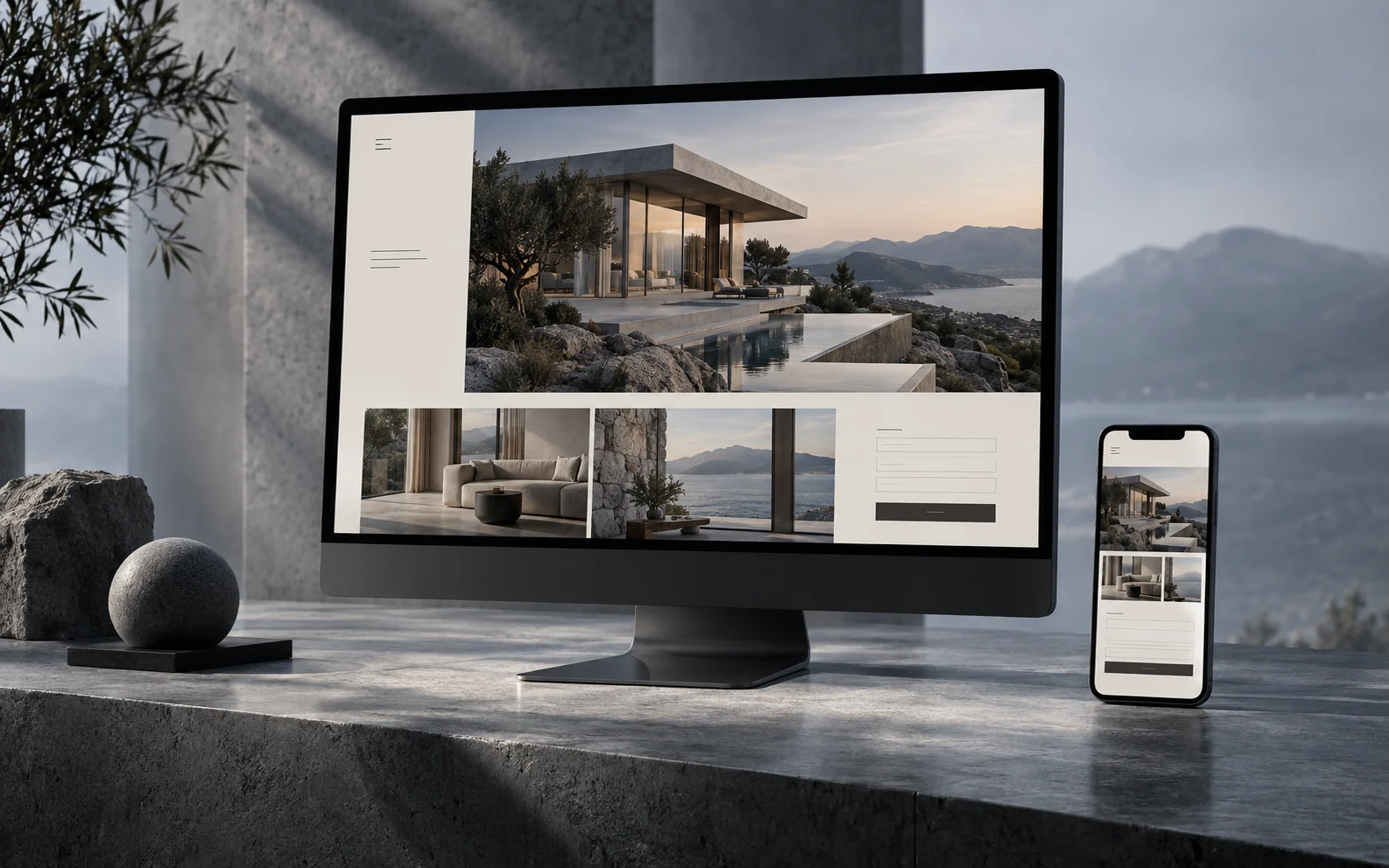Mockup responsivo de site para arquitetura e mercado imobiliário em computador e celular