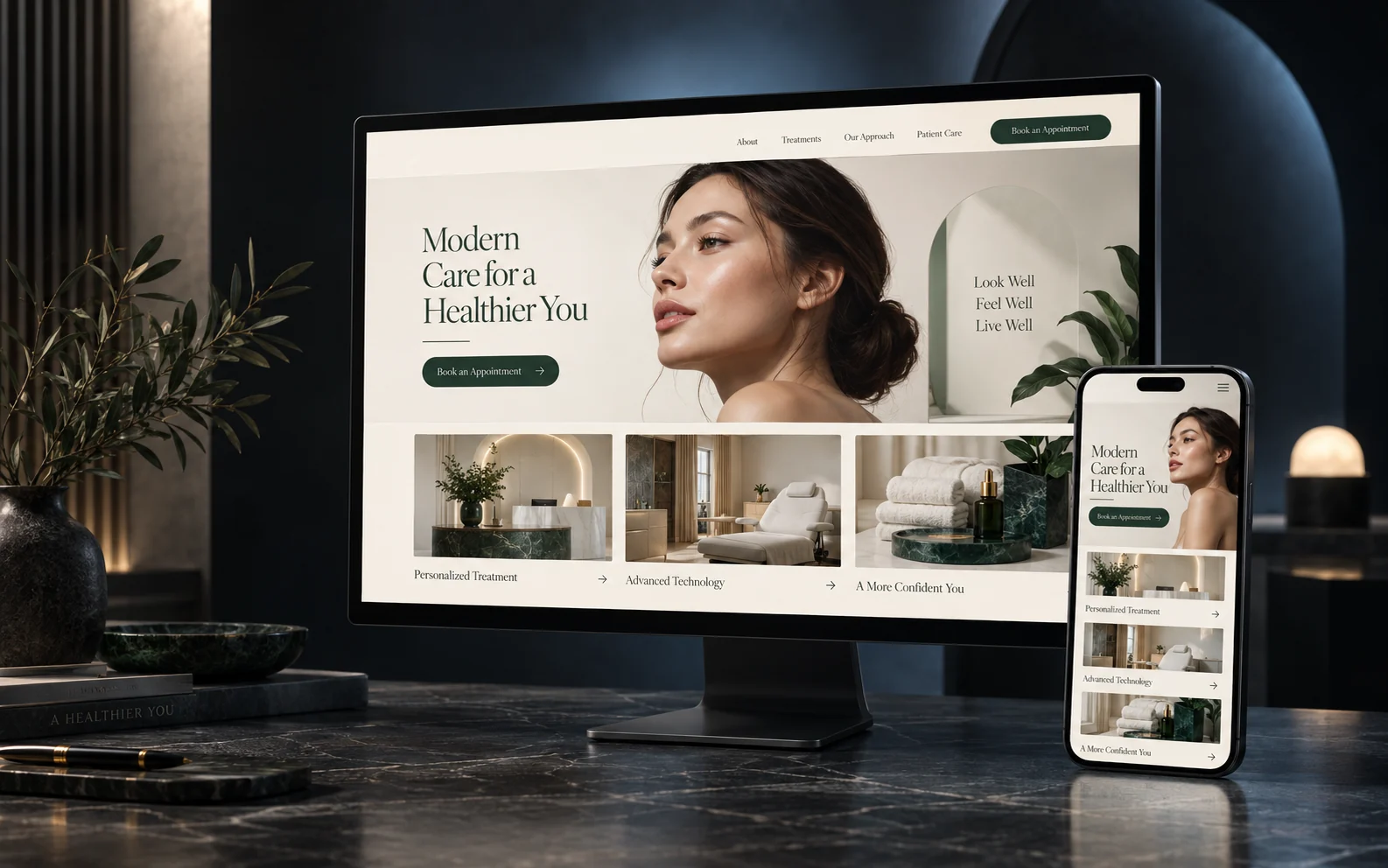 Mockup responsivo de site para clínica de estética em computador e celular