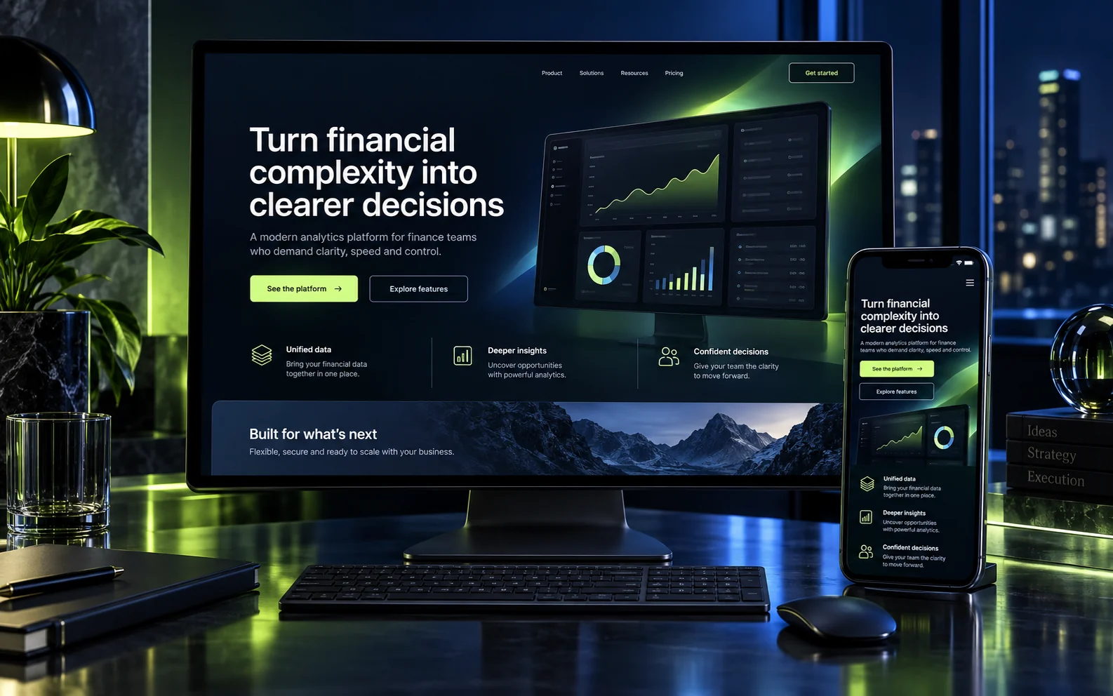 Mockup responsivo de site para plataforma financeira B2B em computador e celular