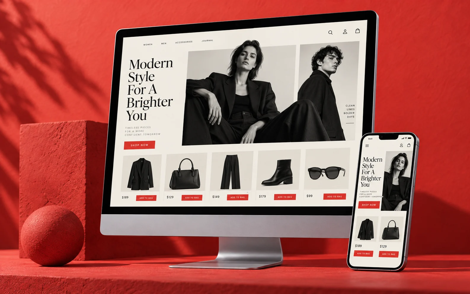Mockup responsivo de e-commerce de moda em computador e celular