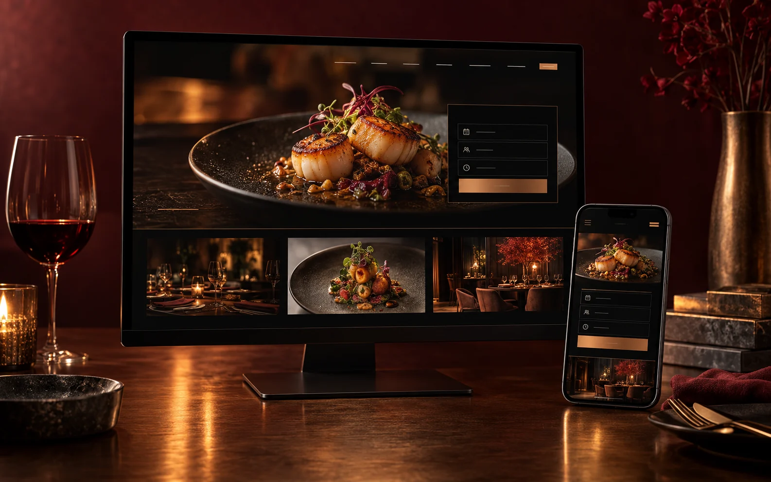 Mockup responsivo de site para restaurante contemporâneo em computador e celular