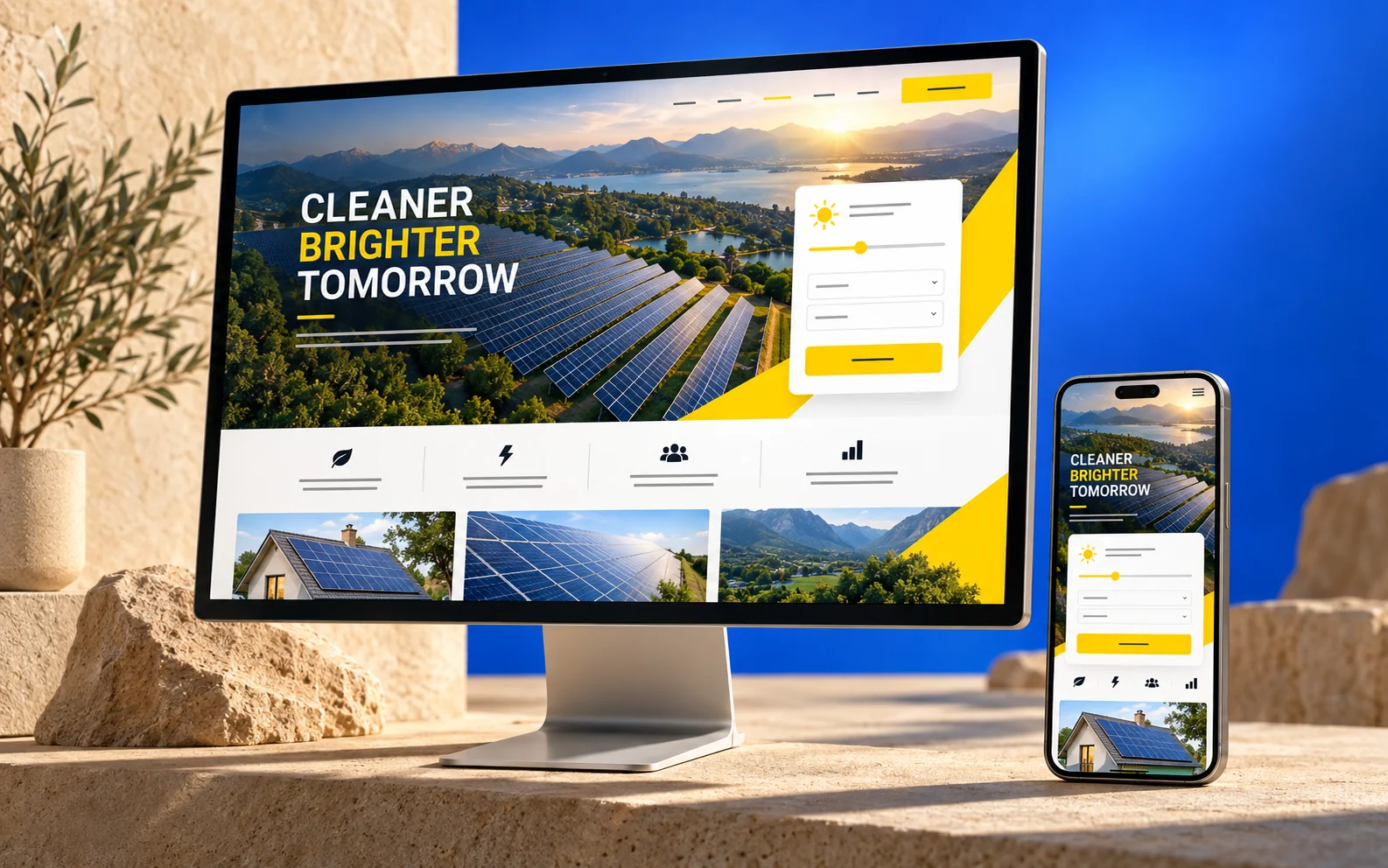 Mockup responsivo de site para empresa de energia solar em computador e celular